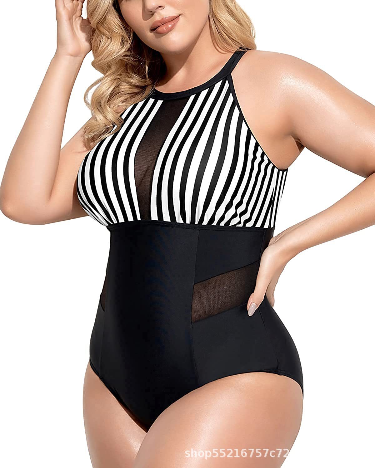 Women Plus Size One Piece Swimsuit High Neck Plunge Mesh Cut Out Bathing Suits